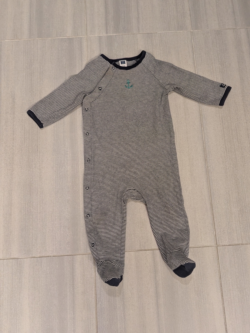 Janie And Jack Navy & White Striped Footed One-Piece with Teal Anchor 3-6m